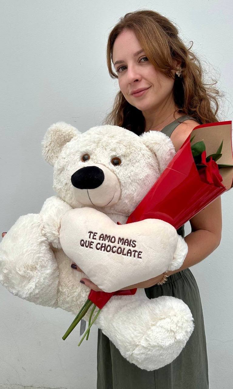 Urso Te Amo com Rosa Colombiana - Tamanho M�dio